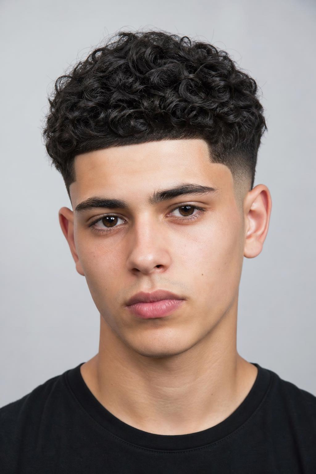 Mid Fade with a Defined Corner Where the Curly Top Begins