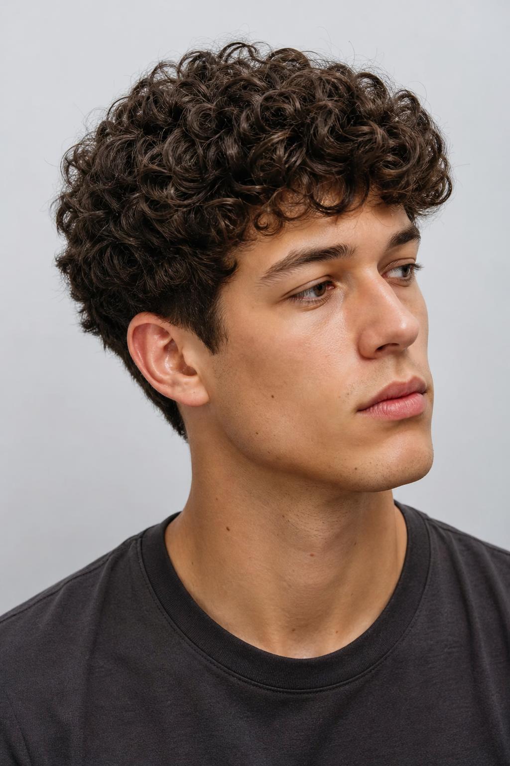 Rounded Natural Curls with Softly Tapered Sides and No Skin Exposure