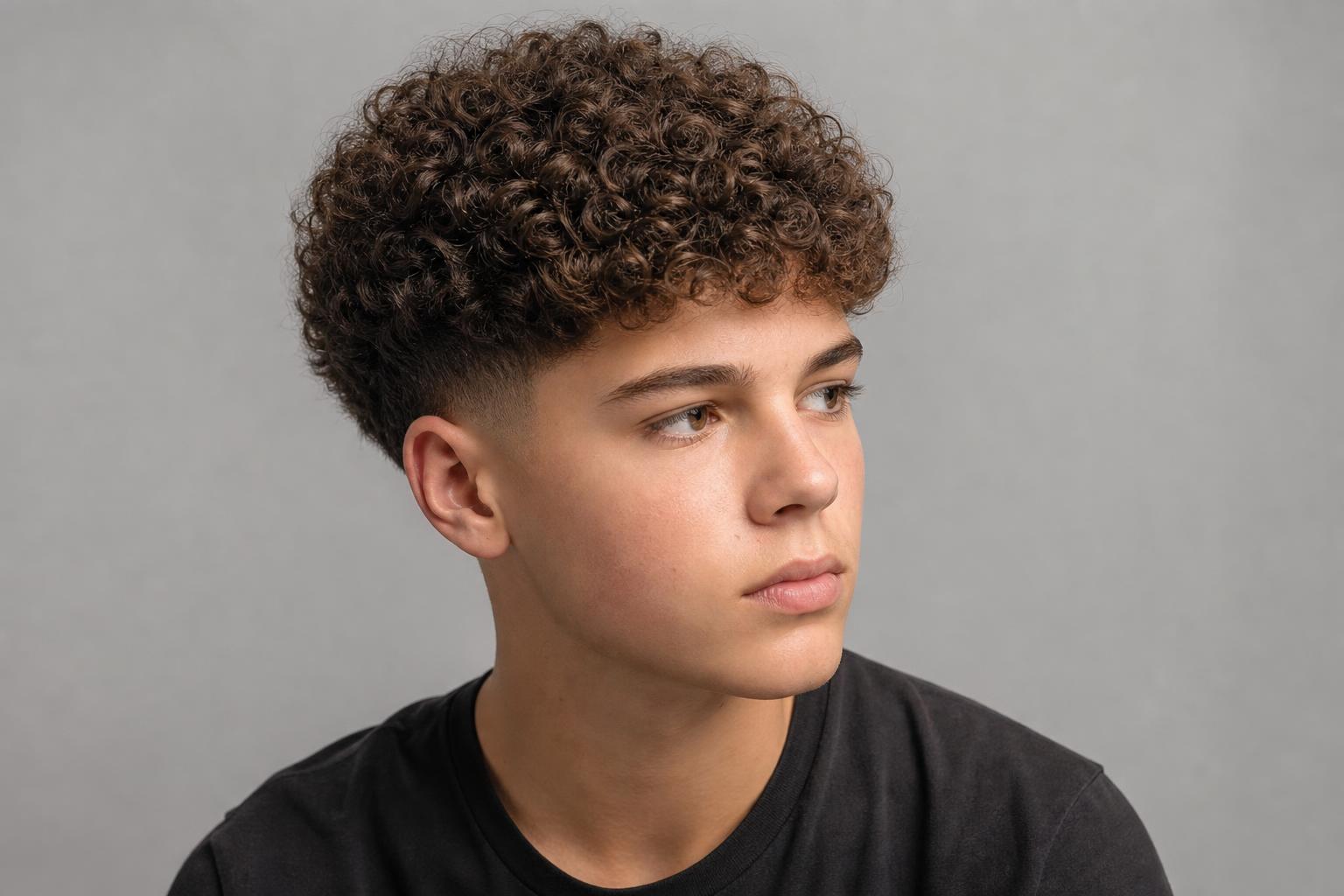 Round Domed Curly Top with Bare Tapered Sides on a Teenage Boy