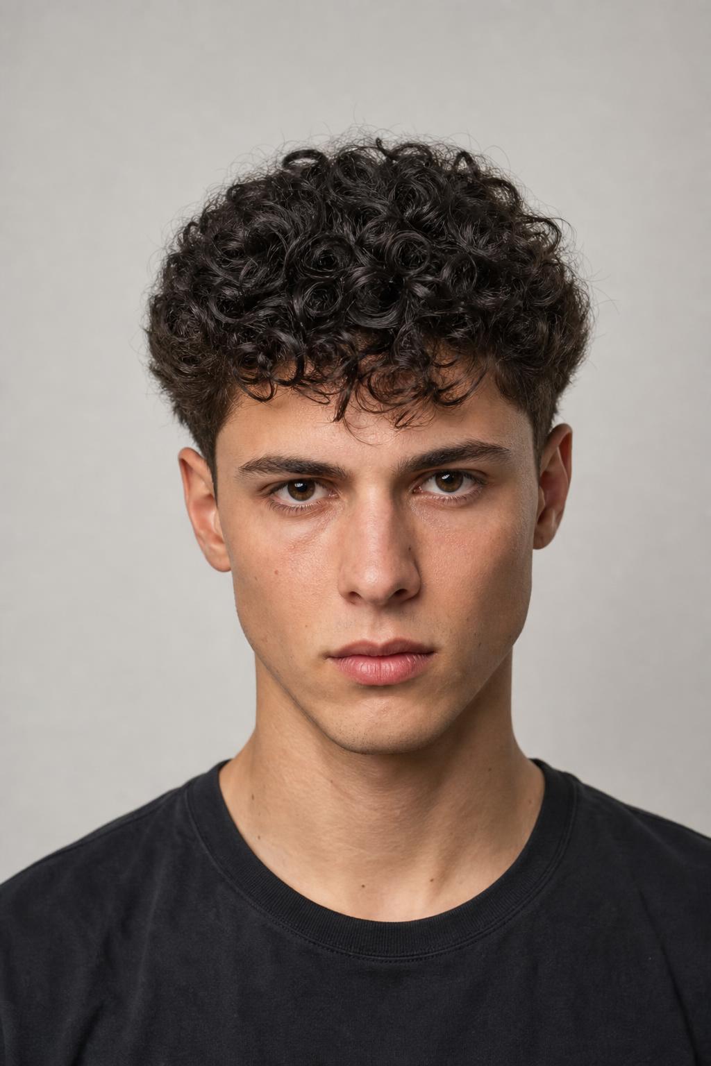 Curly Top Left Wider at the Temples on a Narrow Face with Dark Hair