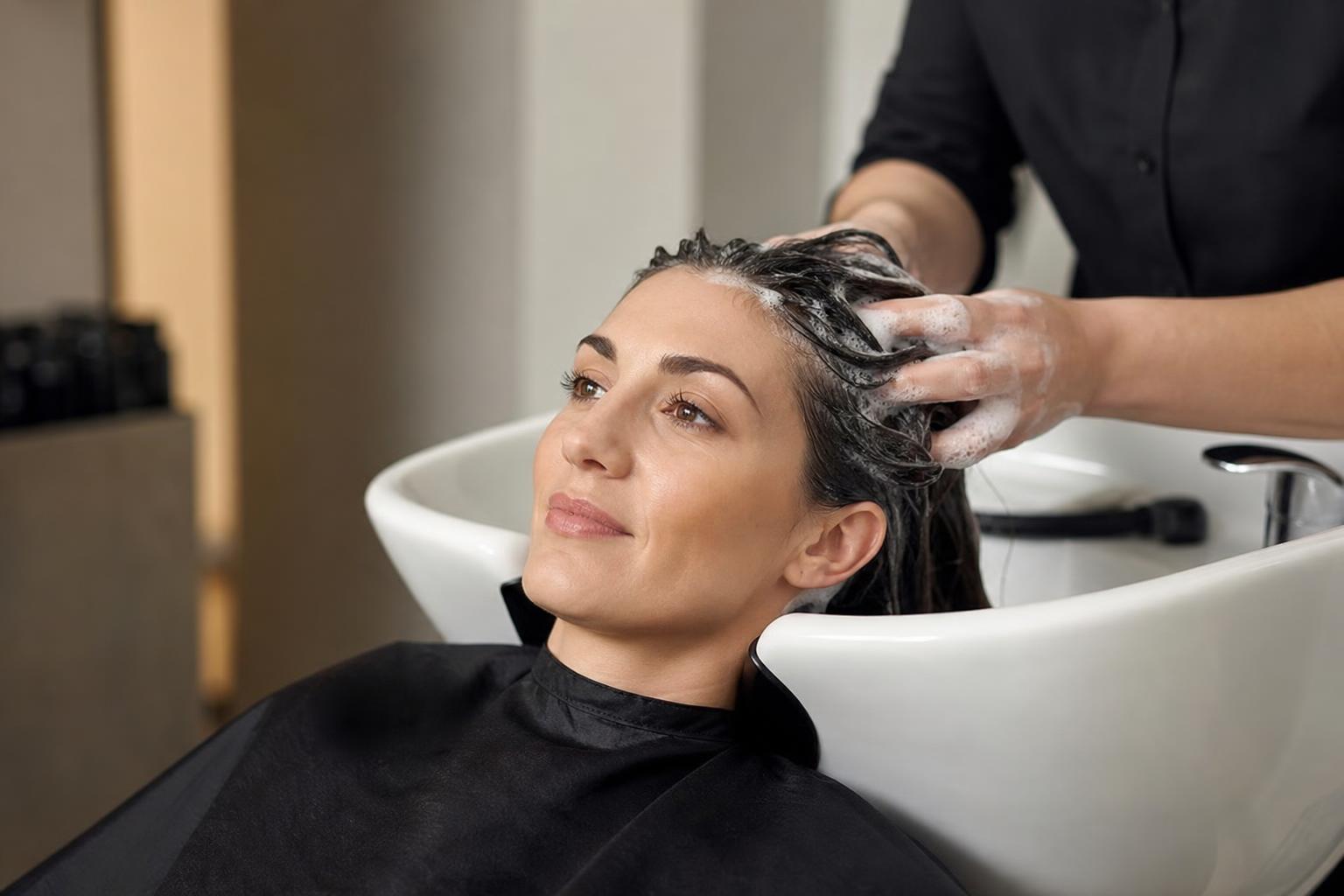 Fingertips Massaging Shampoo Lather into the Scalp of Wet Dark Hair