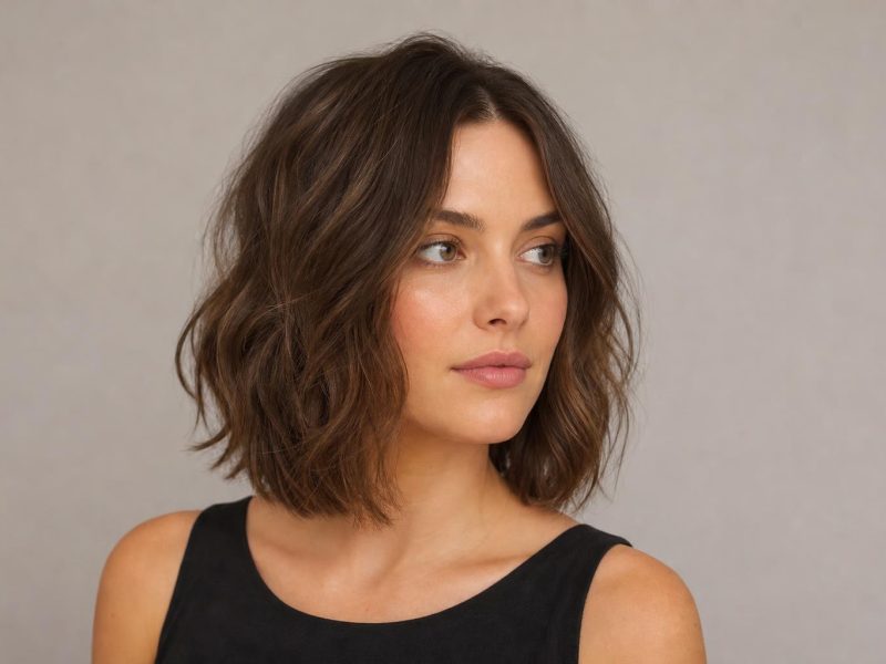 Collarbone Bob at Just-Above-Shoulder Length with Soft Waves on Brown Hair