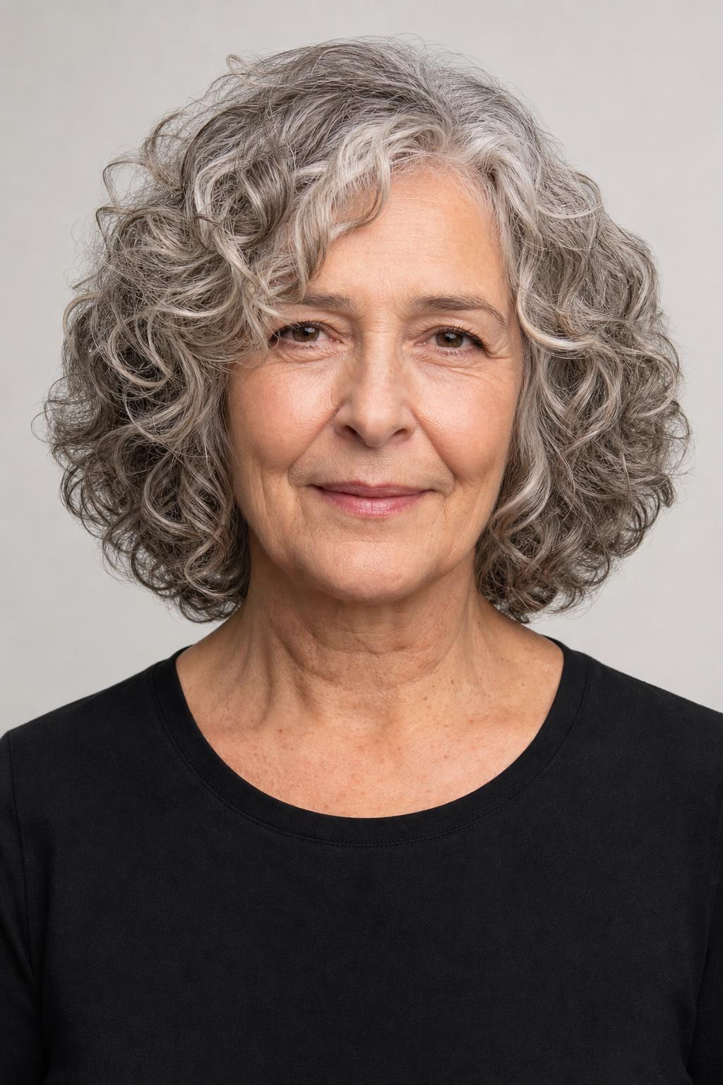 Collarbone-Length Curls with the Shortest Layer at Chin Level on Gray Hair