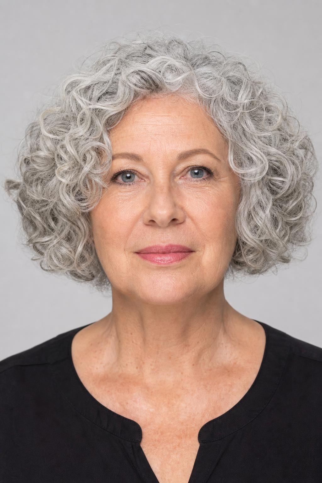 Jaw-Length Curly Bob with a Blunt Perimeter on Coarse White-Gray Curls