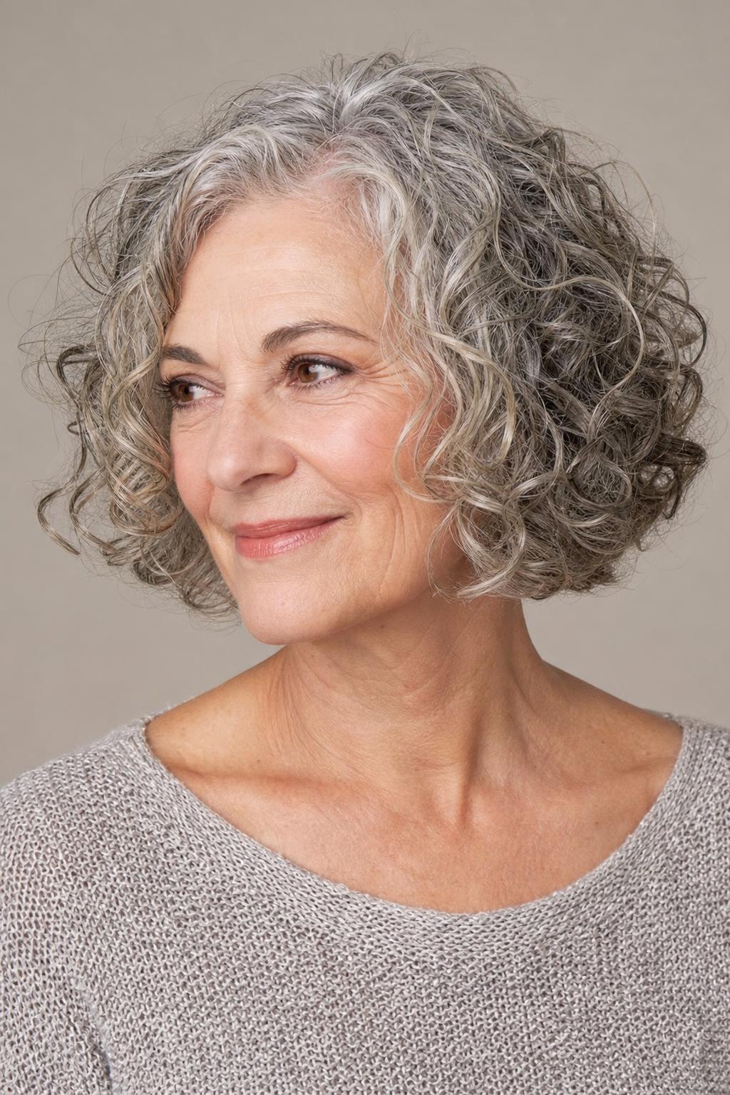 One-Length Curly Bob with No Graduation at the Back on Medium Gray Curls