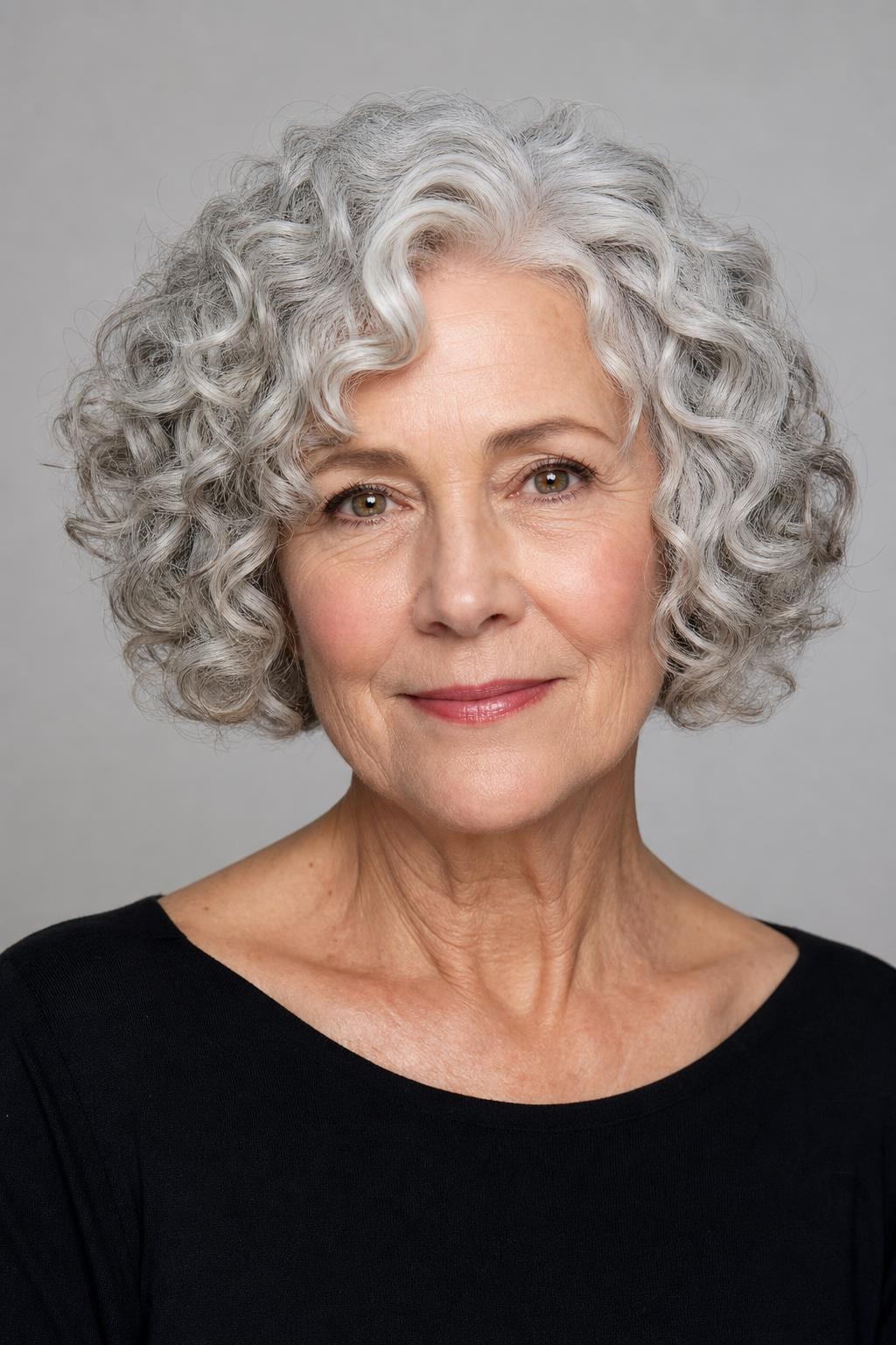 Chin-Length Curly Bob with Uniform Set Curls and Smooth Definition on Silver Hair
