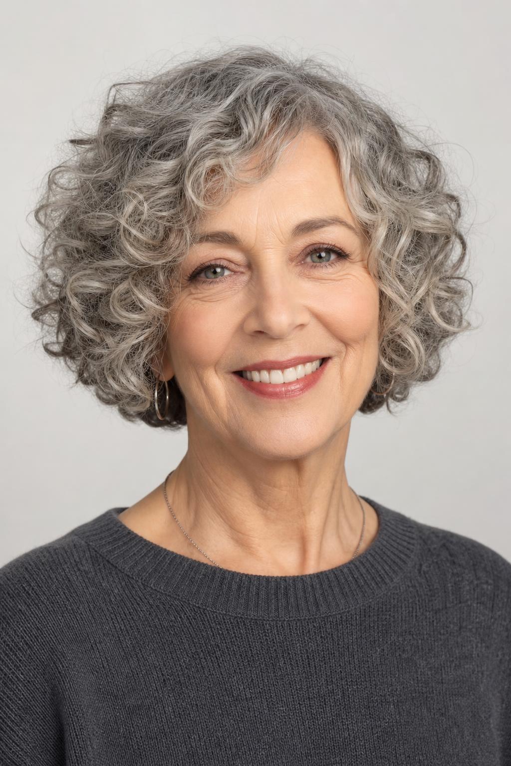 Curly Bob with Fine Silver Highlights Catching Light along the Outer Spirals