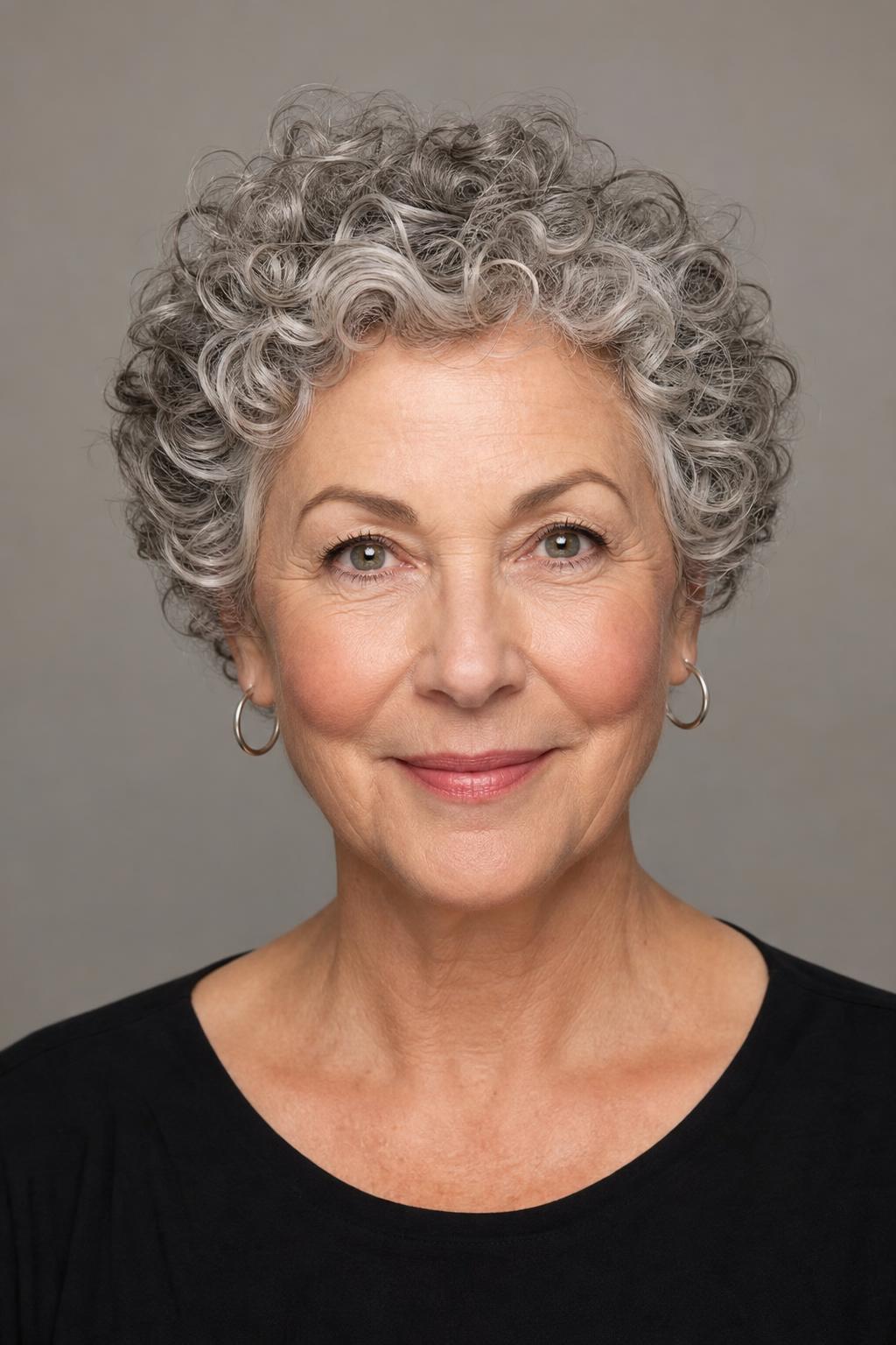 Short Curly Crop with Volume Lifted at the Roots and Defined Coils on Gray Hair