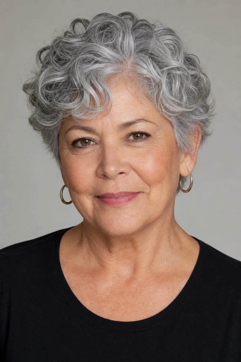 Curly Crop with Softly Grown-Out Sides and Rounded Outline on Coarse Silver Hair