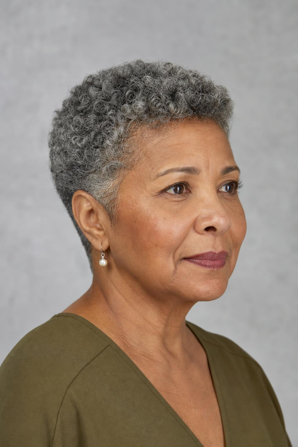 Short Curly Crop with a Flat Squared Back Line and Tight Sides on Gray Coily Hair