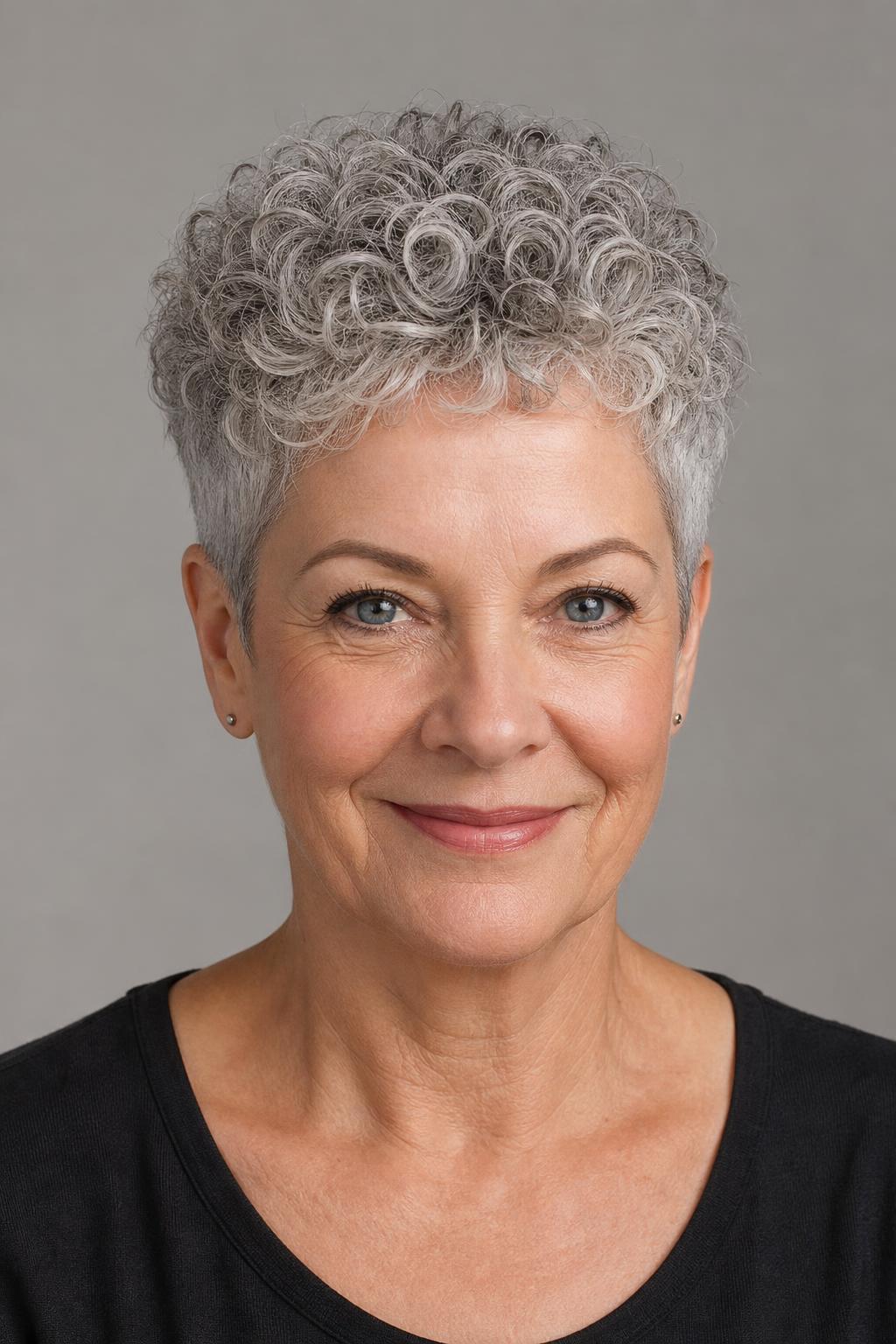 Cropped Curly Pixie with Tapered Nape and Lifted Crown Curls on Silver Hair