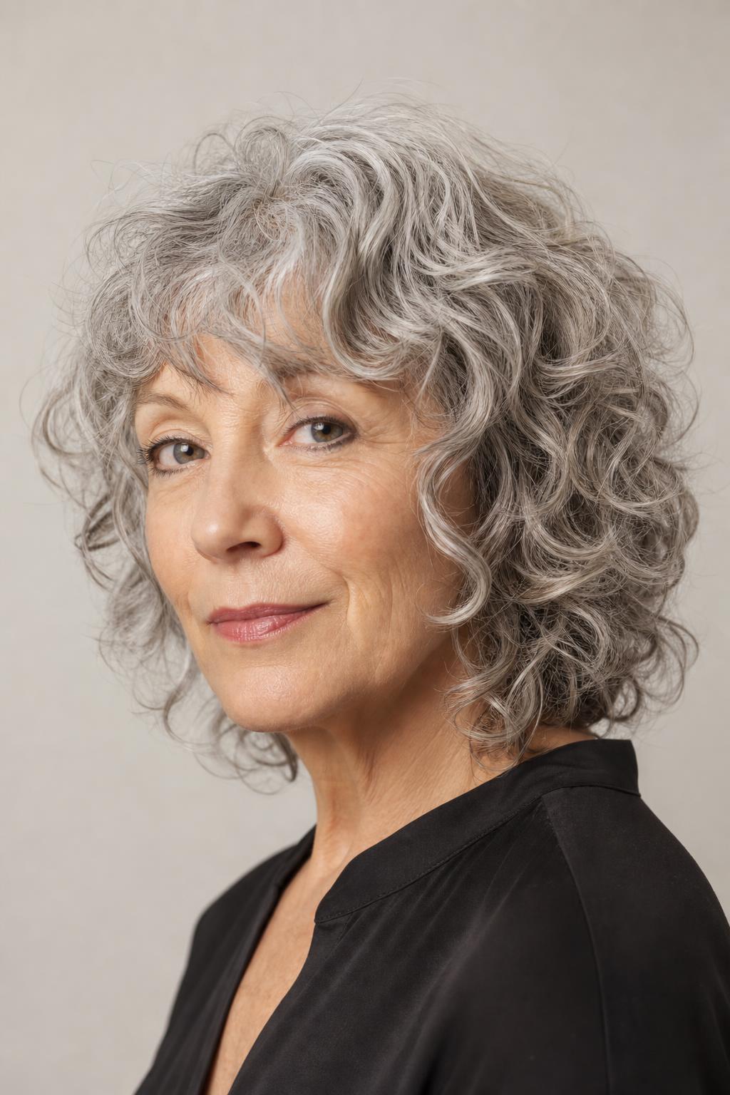Shoulder-Length Curly Shag with Short Face-Framing Pieces and Longer Crown Layers