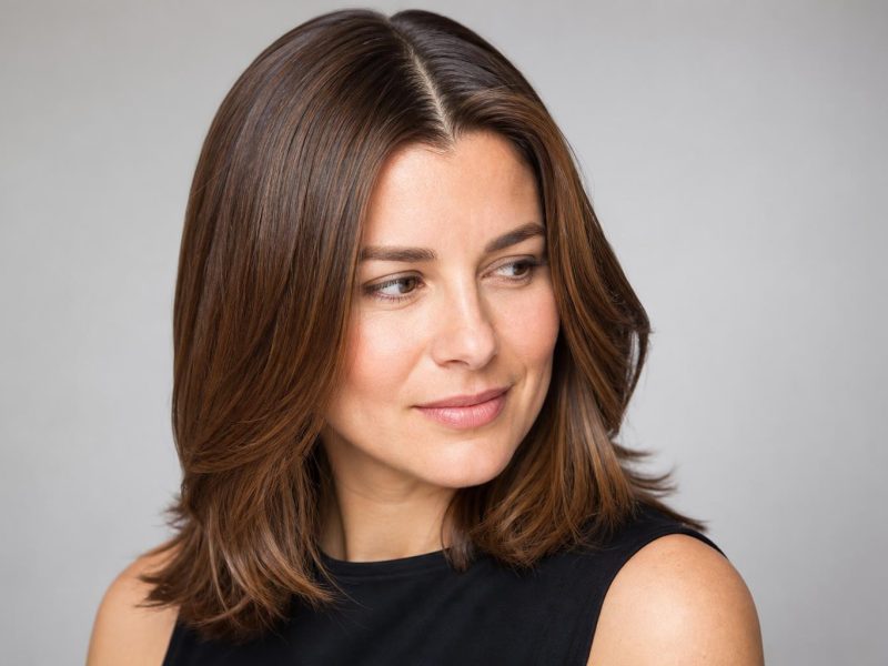 Clean Healthy Scalp with a Clear Part Through Mid-Length Brown Hair