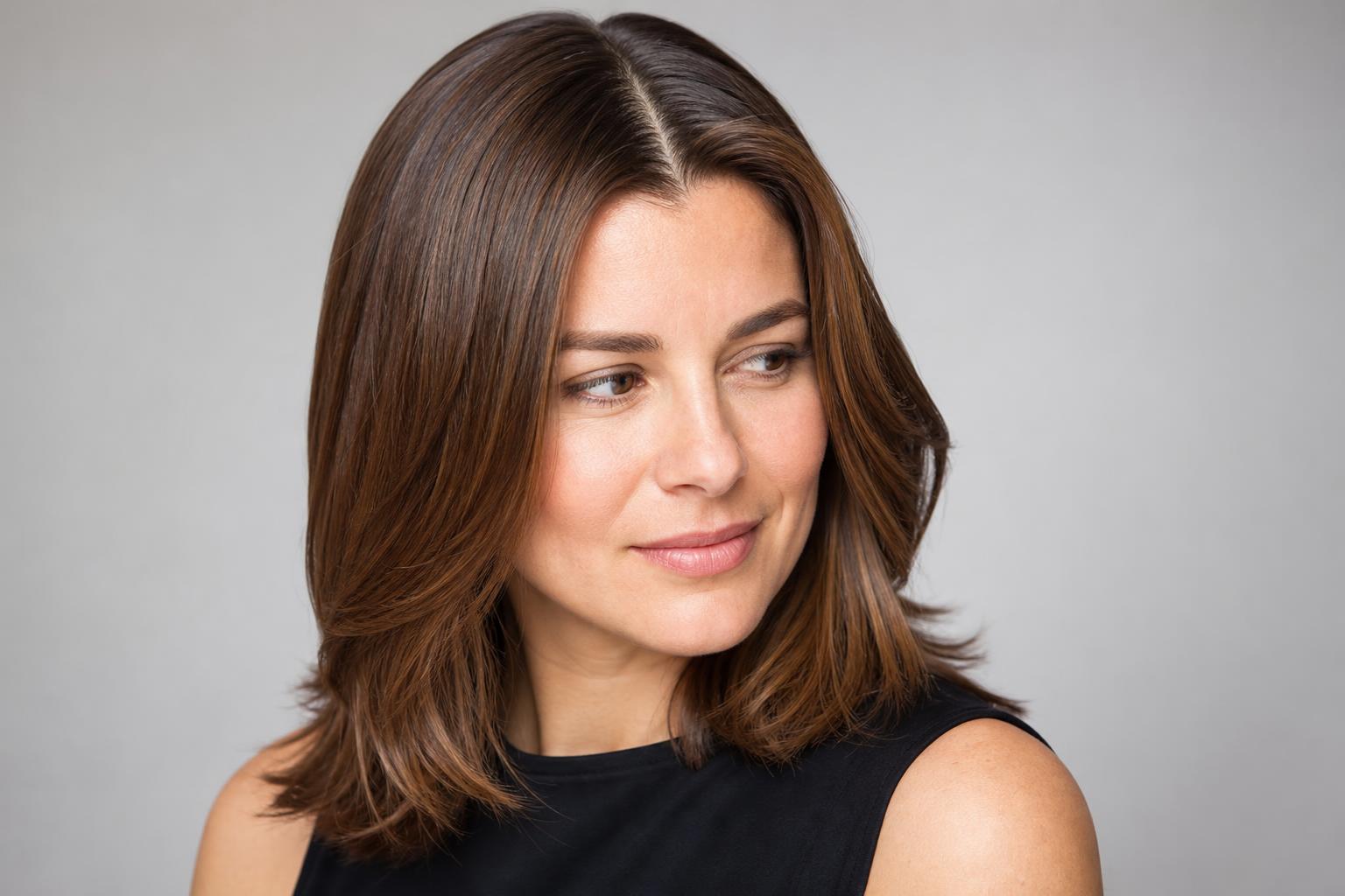 Clean Healthy Scalp with a Clear Part Through Mid-Length Brown Hair
