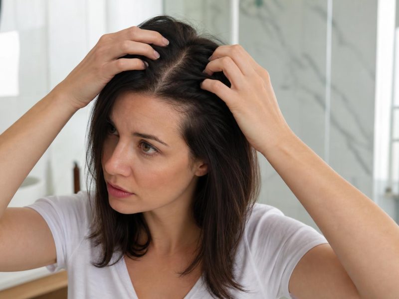 Parting Dark Brown Hair at the Crown to Check the Scalp in Natural Daylight