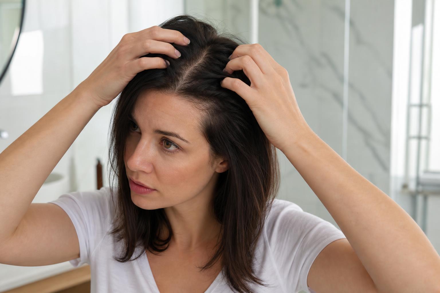 Parting Dark Brown Hair at the Crown to Check the Scalp in Natural Daylight