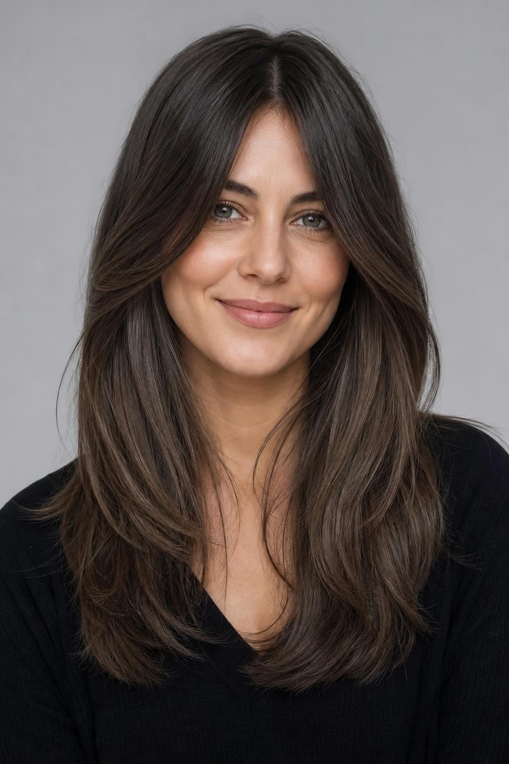 Long Cool Ash Brunette Hair with an Even Glossed Tone and Soft Movement