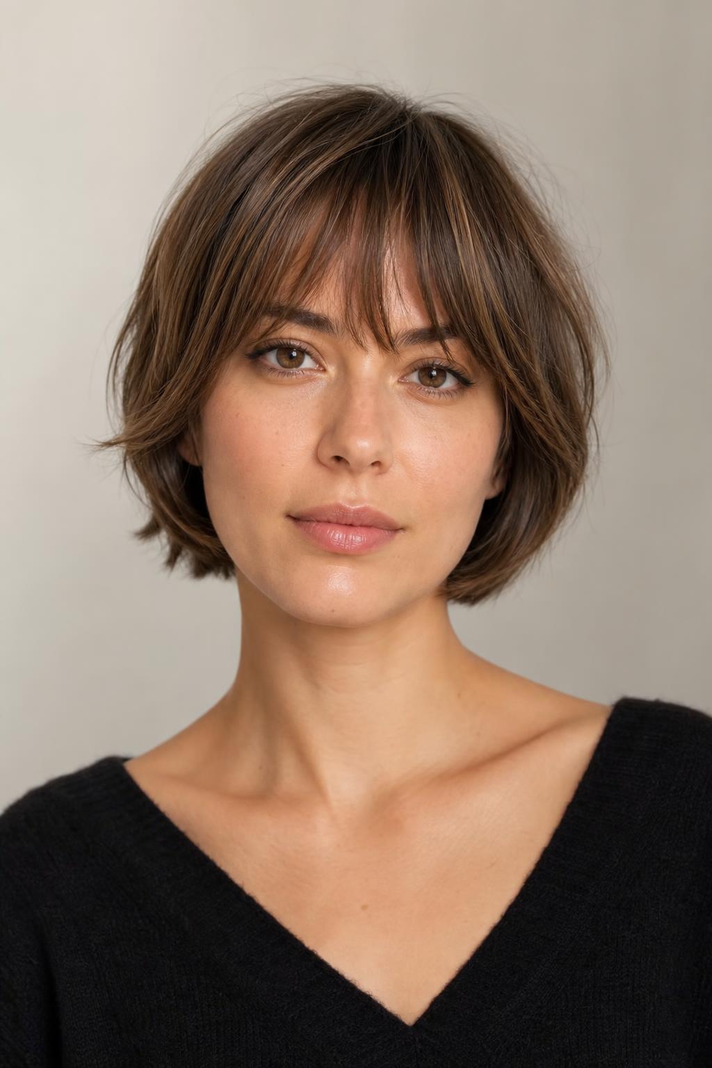 Bixie Cut with Wispy Brow-Length Bangs and Weight Kept Low at the Nape