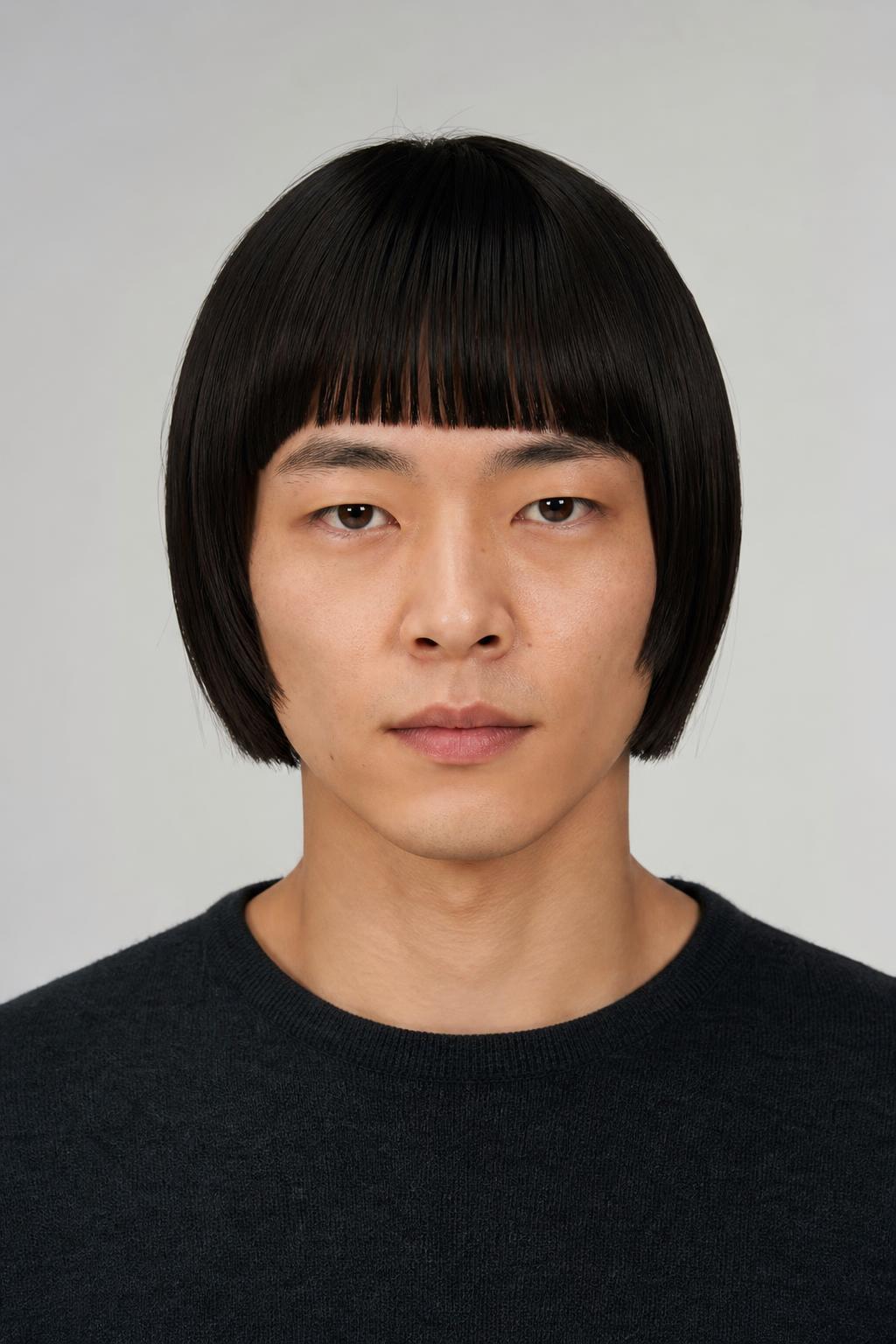 Blunt Straight Fringe Cut at Brow Level with a Low Taper on Dark Straight Hair