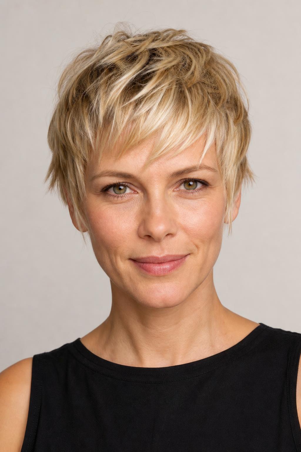 Choppy Pixie with Separated Piecey Ends Pushed Forward on Blonde Hair
