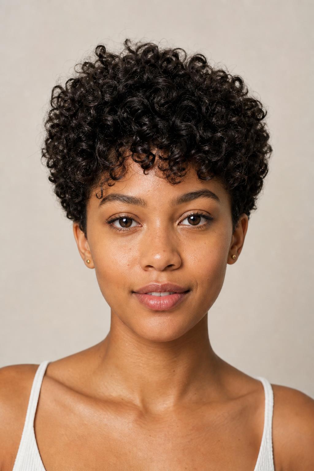 Curly Pixie with Springy 3b Curls and Crown Height on Dark Hair