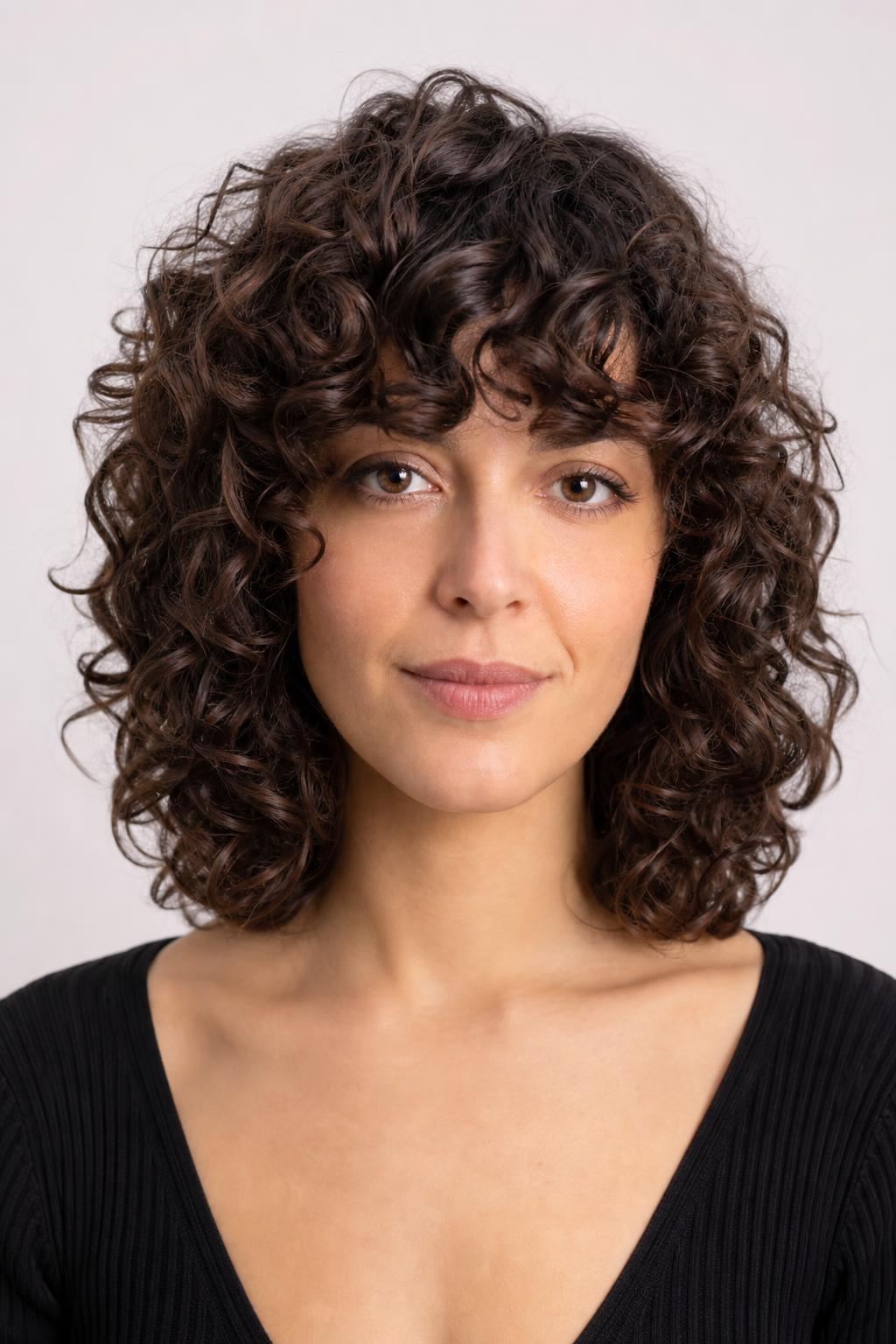 Shoulder-Length Curls with a Wide Curly Fringe Covering the Forehead