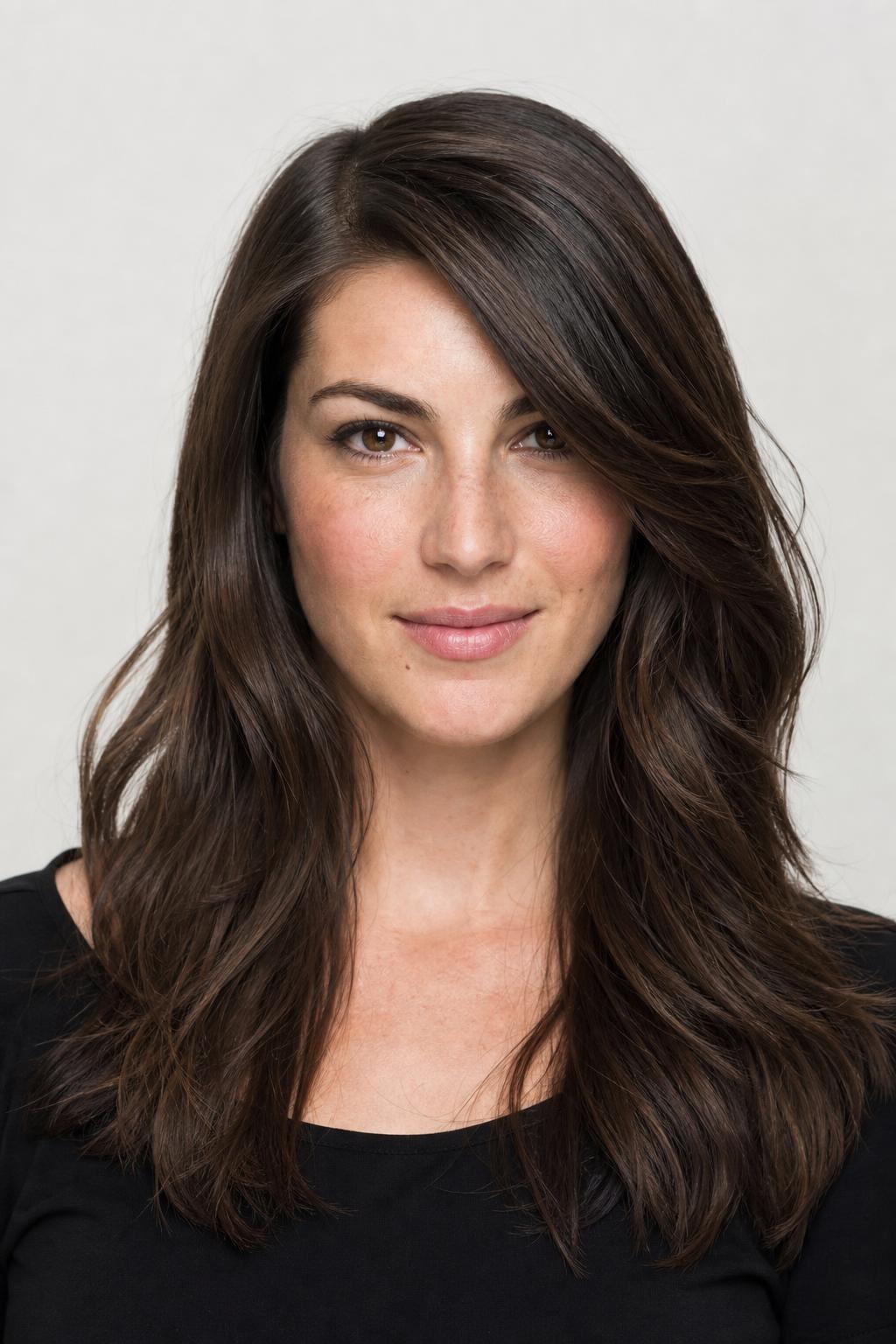 Long Hair with a Deep Side Part Sweeping Diagonally across the Forehead