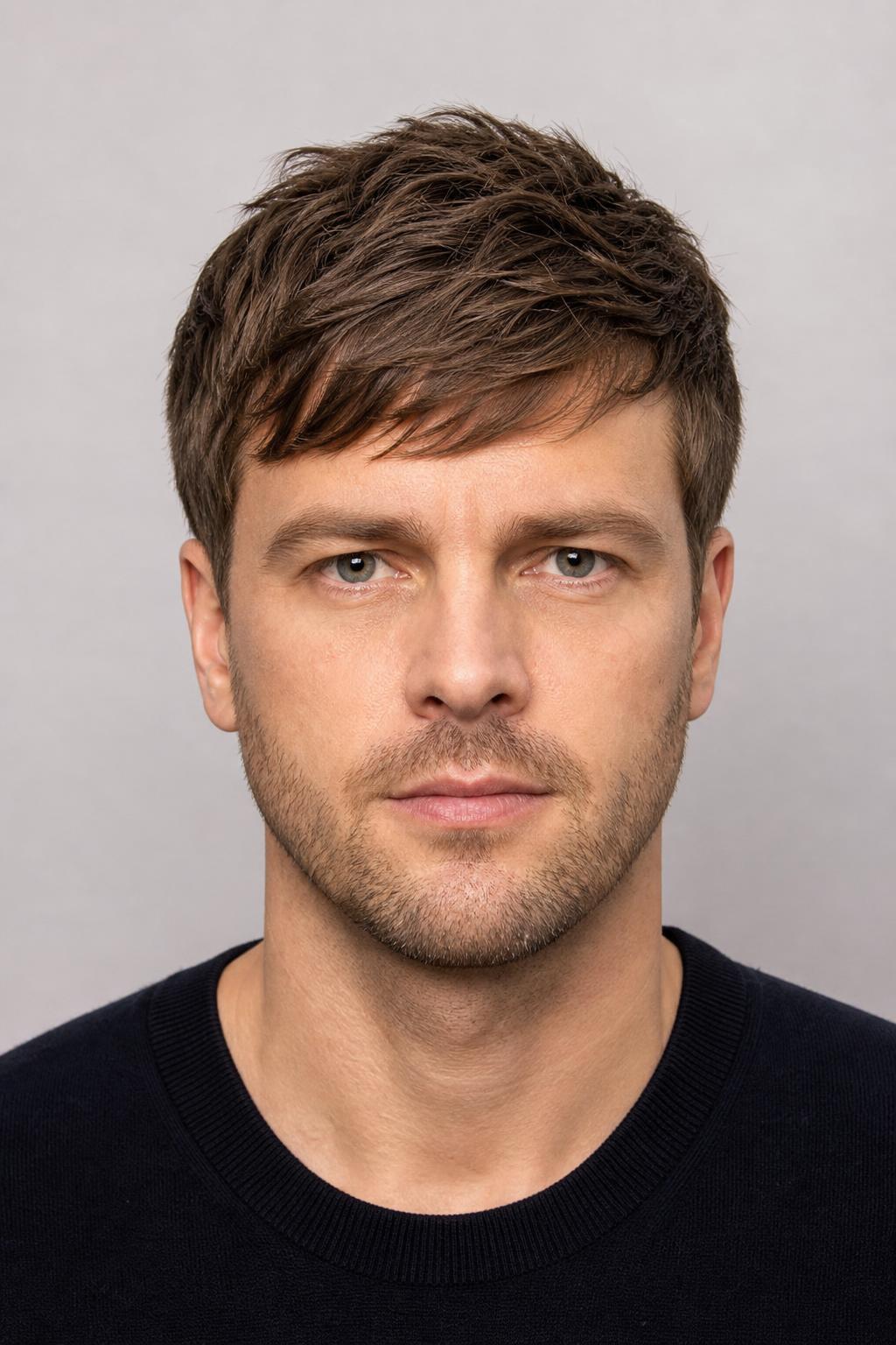 Forward-Textured Fringe Falling Across the Forehead on Medium Brown Straight Hair