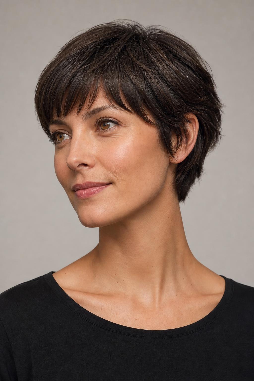 Grown-Out Ear-Length Pixie with Softened Sides on Medium Brunette Hair