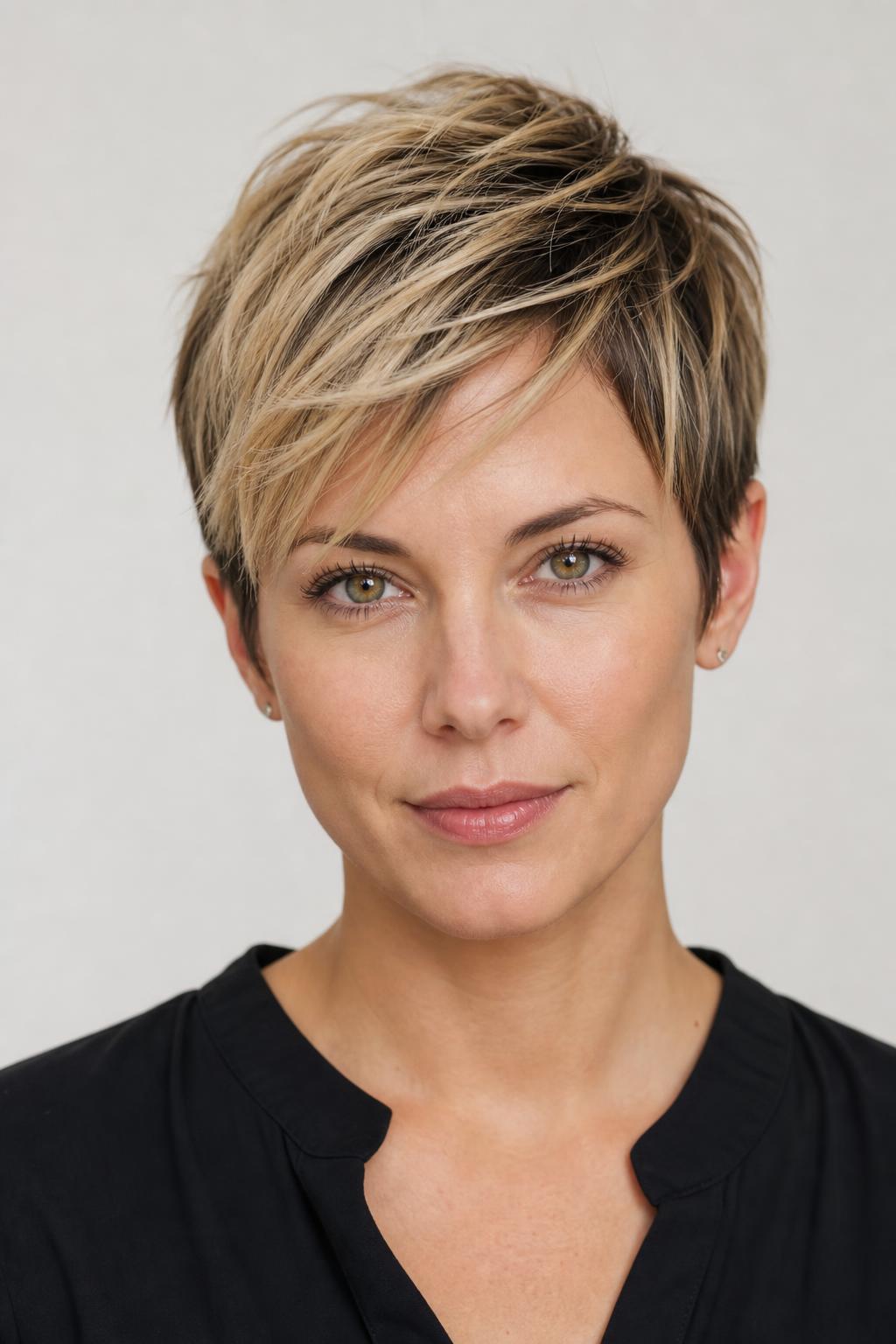 Honey-Lit Pixie with Brightened Fringe Pieces over a Shadowed Root