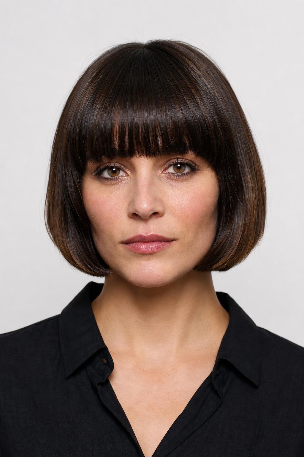 Italian Bob with a Blunt Beveled Perimeter and a Wide Brow-Level Fringe