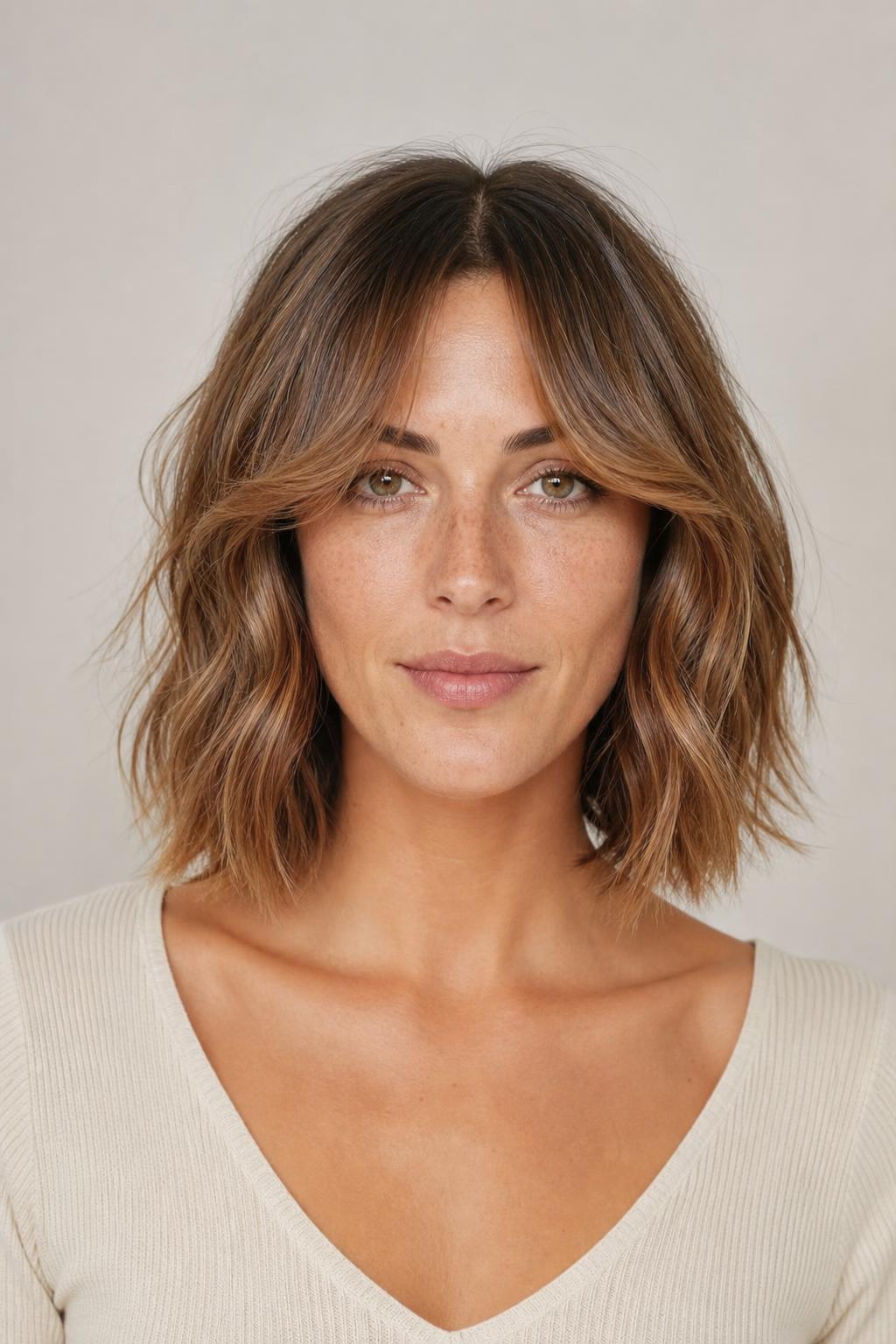 Collarbone Lob with Center-Split Curtain Bangs Sweeping Outward on Wavy Hair