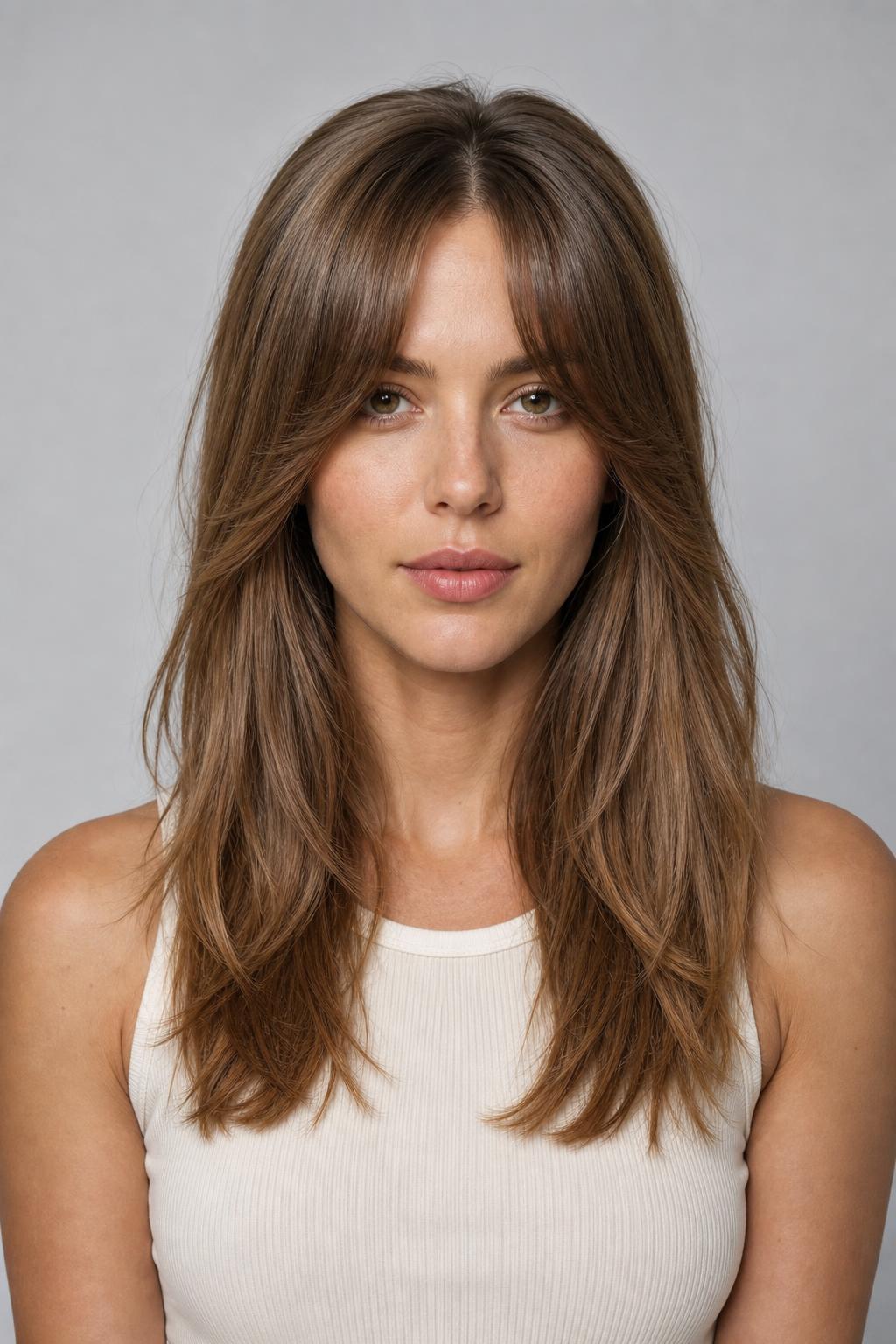 Long Hair with Wide Curtain Bangs Blending from the Cheekbone into the Length