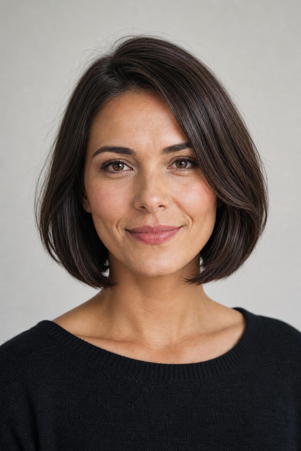 Chin-Length Rounded Bob Curving Inward at the Jaw on Dark Brunette Hair