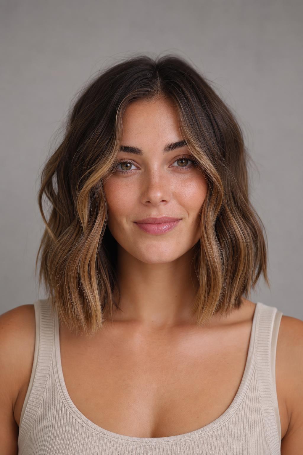 Collarbone Lob with Loose Beach Waves and Straight Ends on Light Brunette Hair