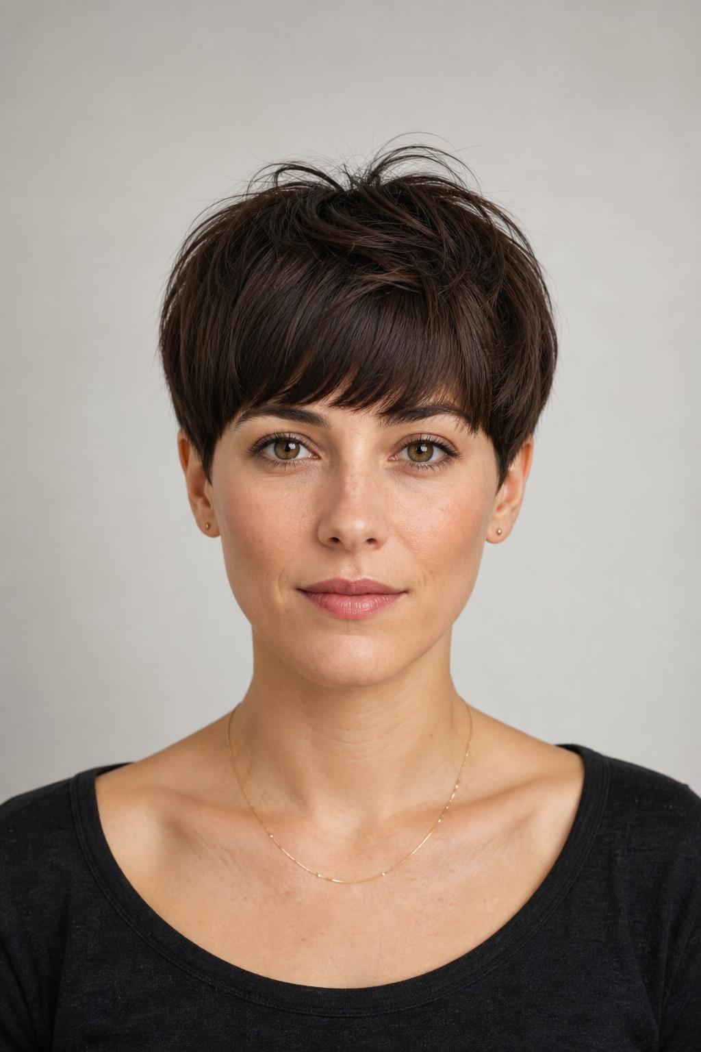 Textured Pixie with a Full Rounded Fringe and Point-Cut Ends on Dark Brown Hair