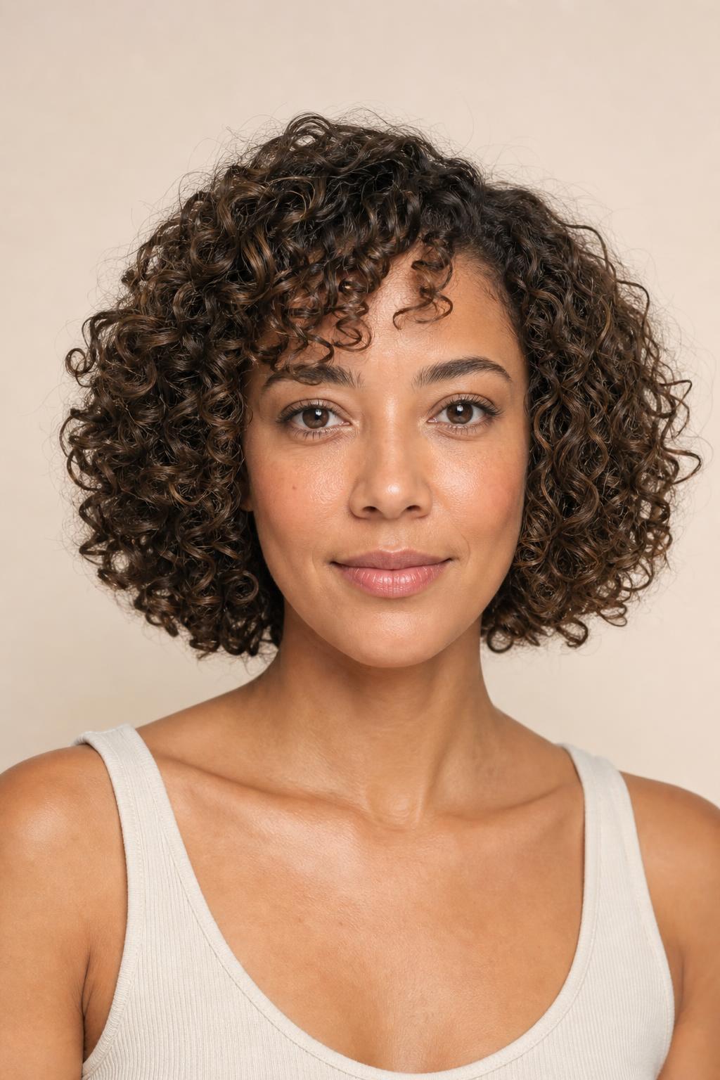 Curly Bob Cut Dry with Ends Falling Just Below the Chin on Medium-Brown 3B Curls