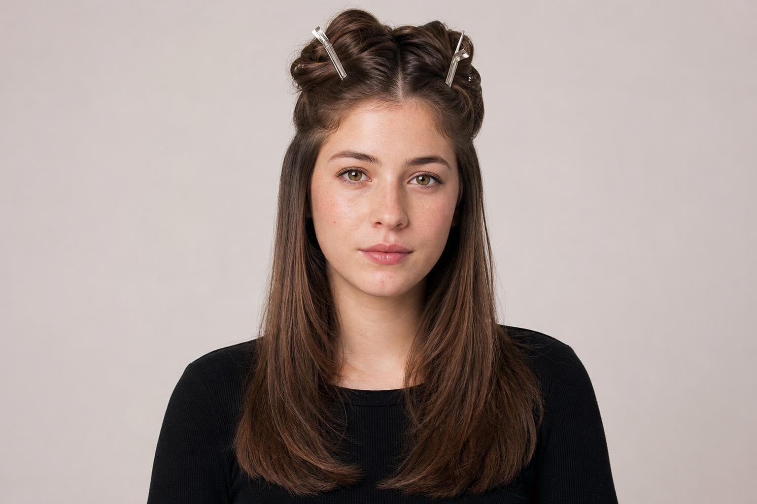 Long Hair Divided into Horizontal Sections and Secured with Clips for Straightening