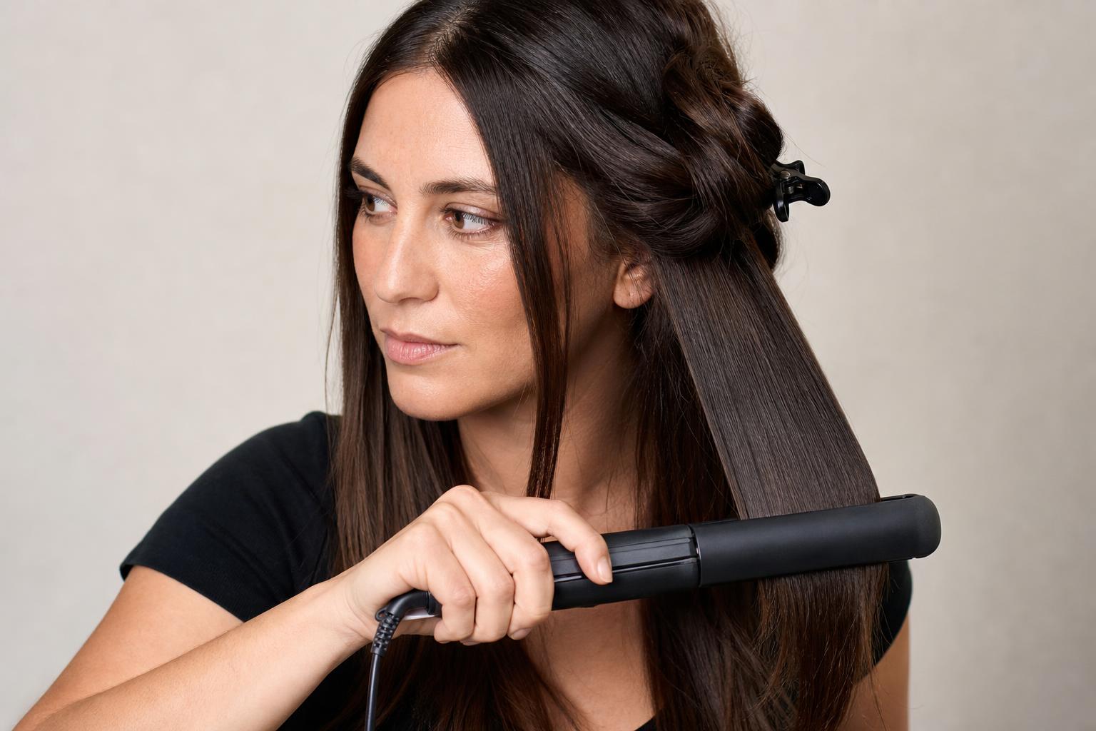 Ceramic Flat Iron Gliding Through a Clipped Section of Smooth Dark Brown Hair