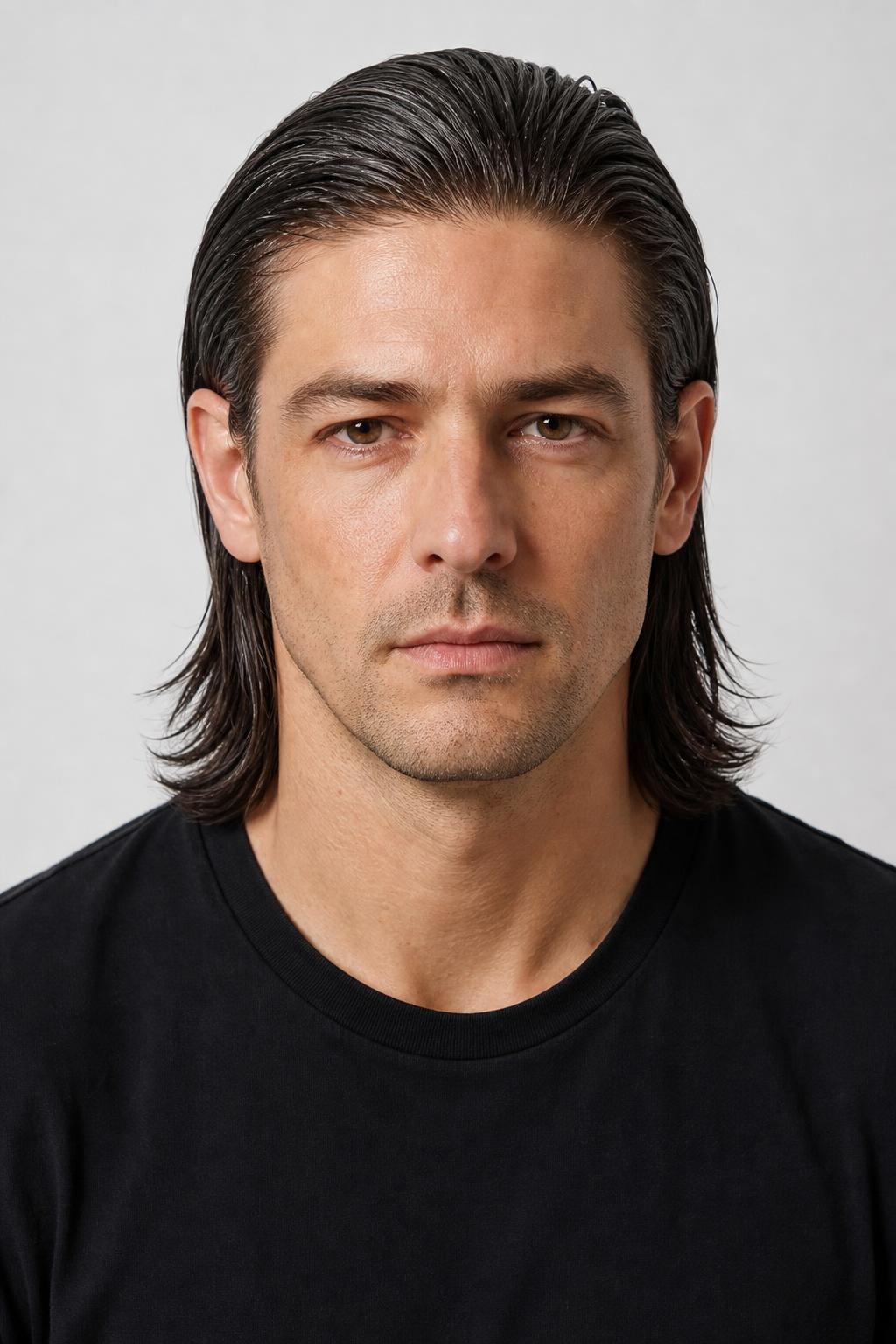 Long Flow Slicked Straight Back With a High-Shine Finish