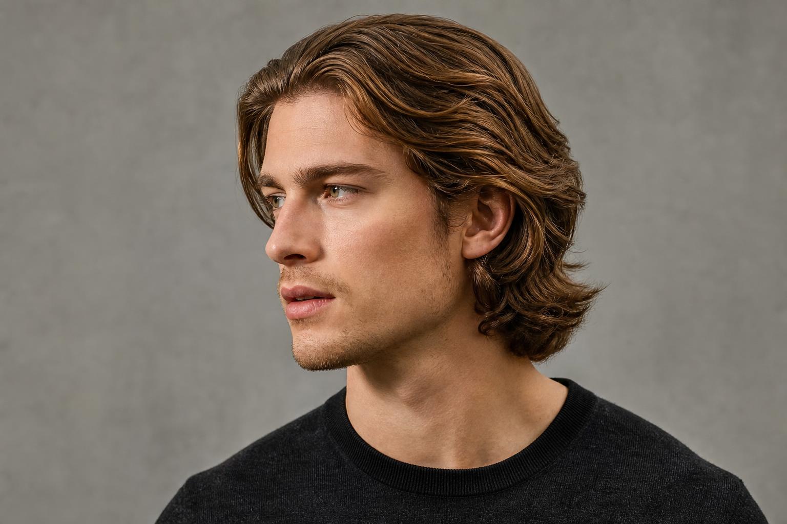 Flow Haircut on a Man with Medium-Length Wavy Hair Swept Back behind the Ears in Natural Movement