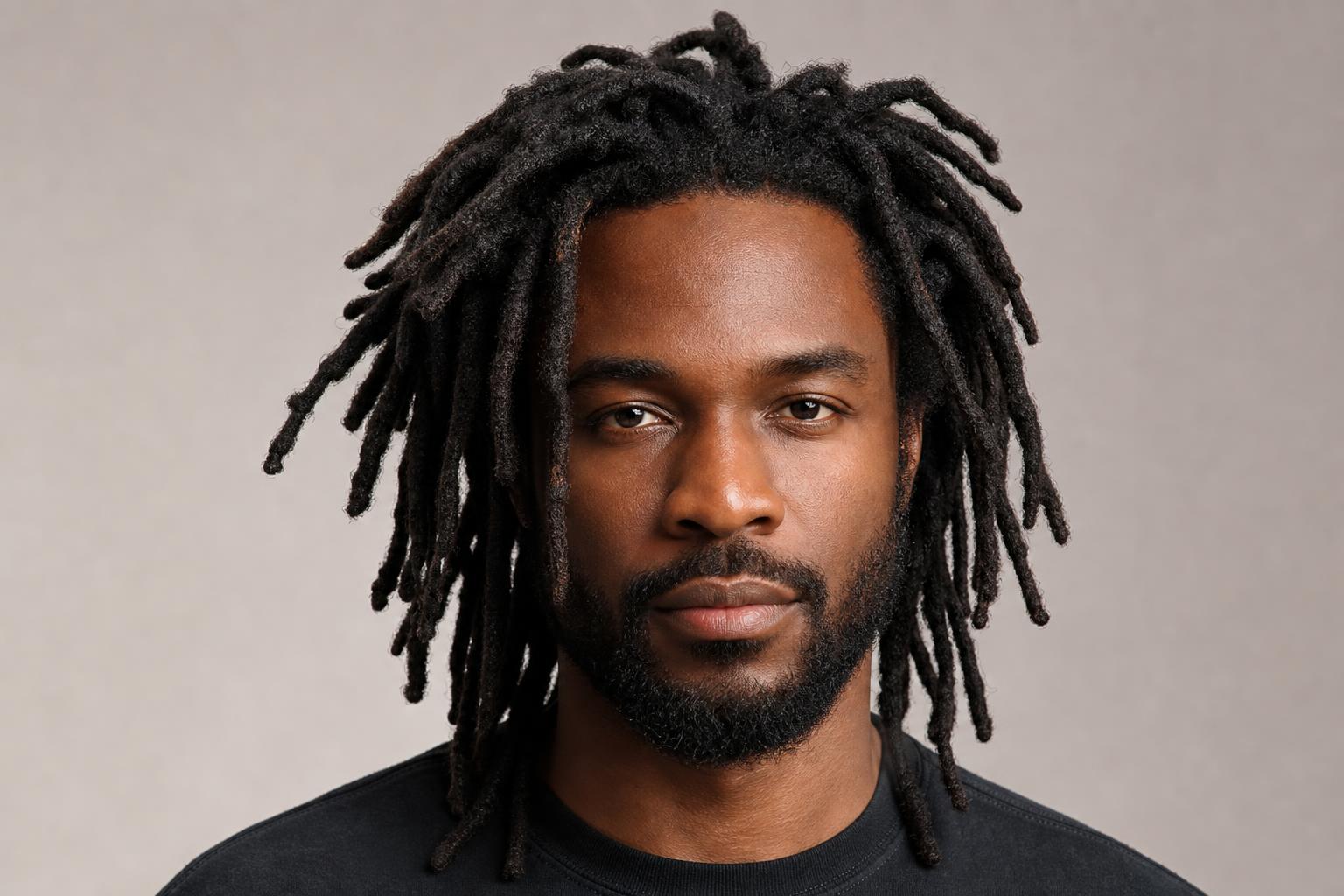 Mature Freeform Dreads with Natural Uneven Shapes on a Dark-Haired Man