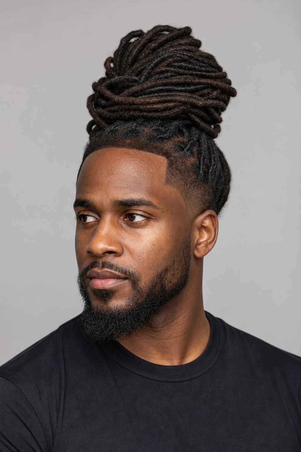 Mature Freeform Locs Gathered Into a High Bun at the Crown