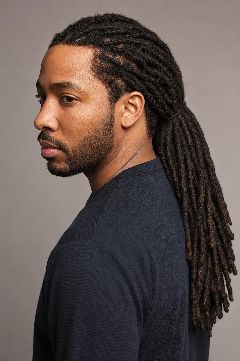 Long Freeform Locs Gathered Into One Textured Ponytail