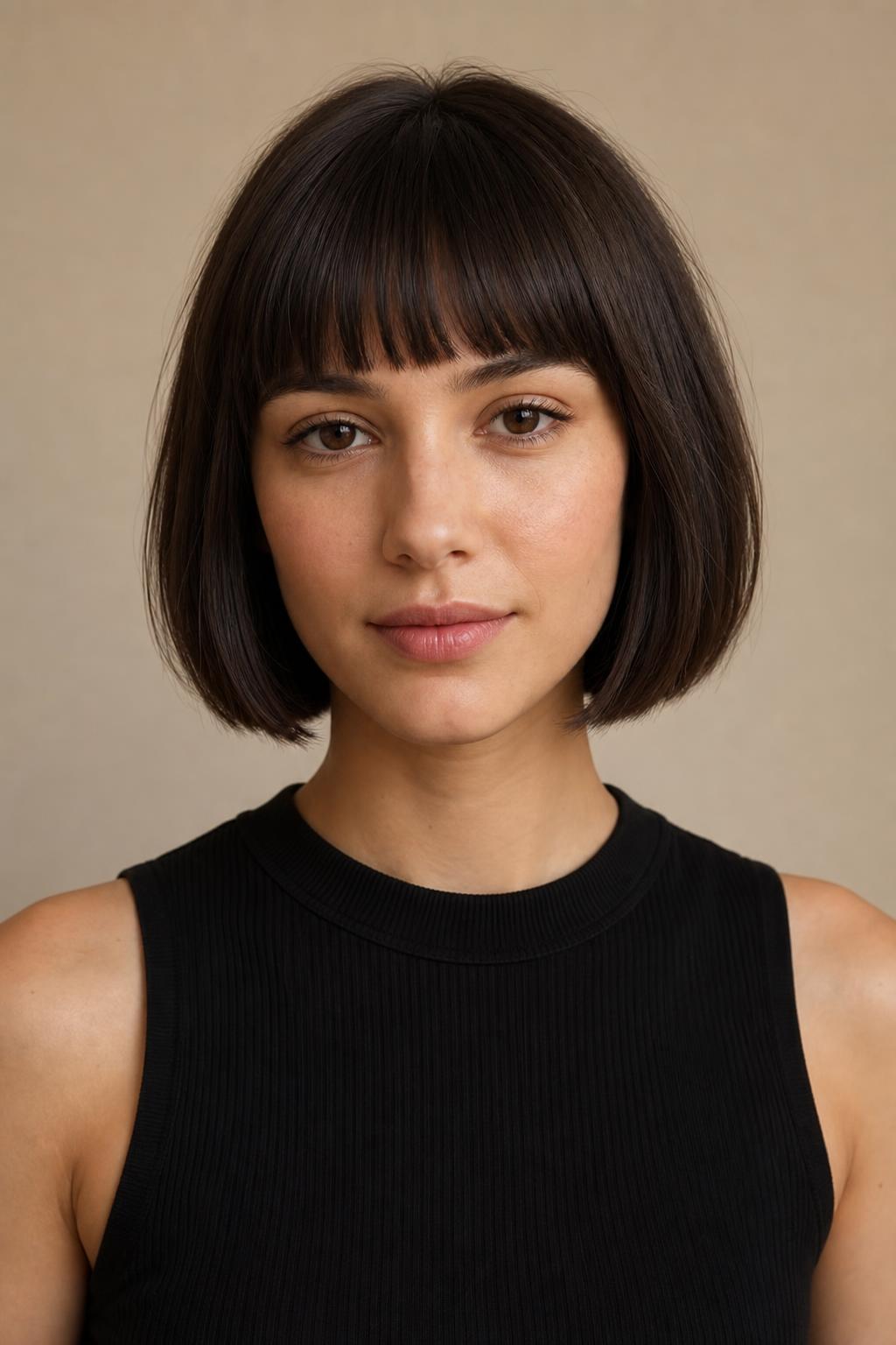 French Bob Cut to the Chin with a Straight Blunt Fringe on Fine Dark Brown Hair