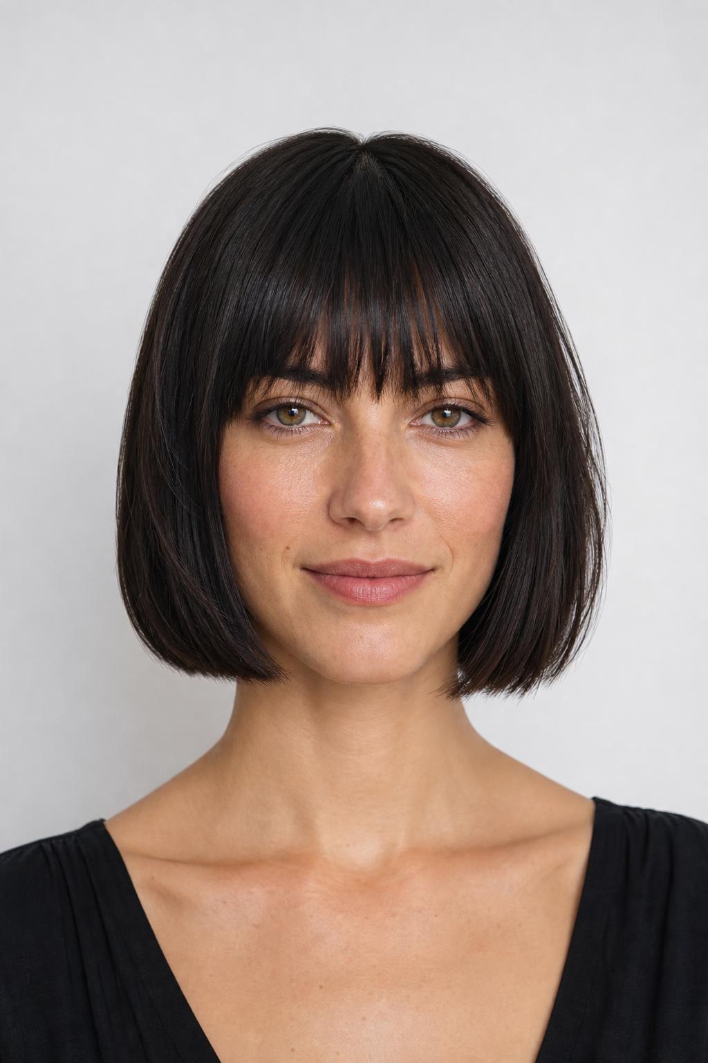 Chin-Length French Bob with a Blunt Line and Eyebrow-Grazing Fringe