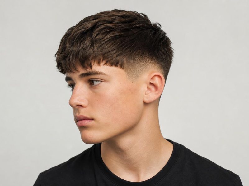 Boy Fringe Haircut with Textured Fringe and Mid Fade, Teen Age, Brown Hair