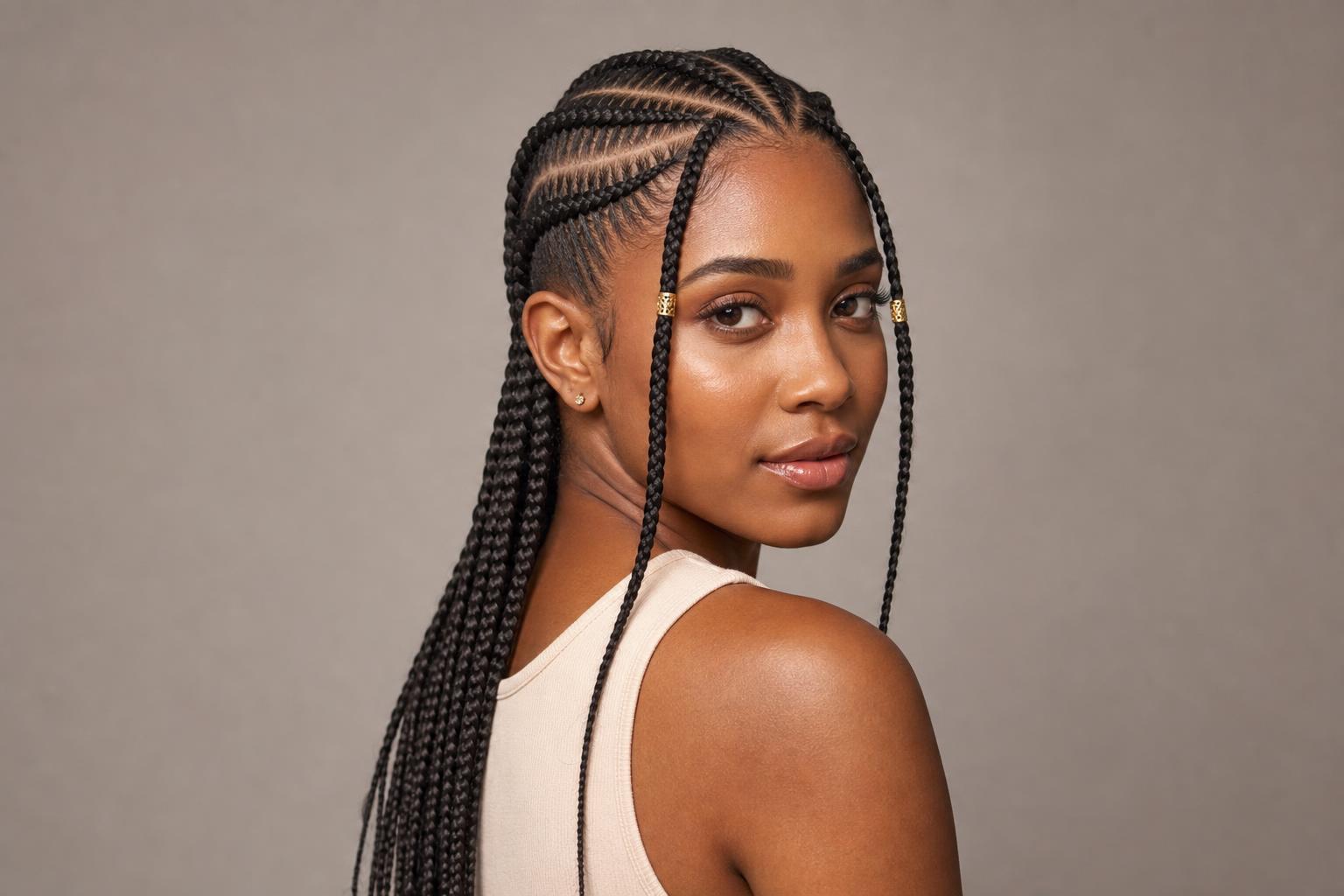 Fulani Braids with a Center Cornrow and Gold Cuffs on Long Dark Braids