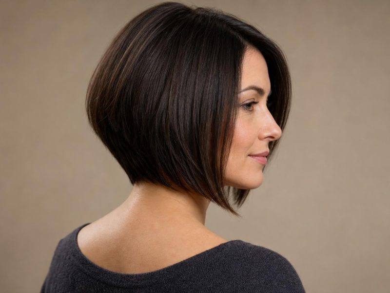 Graduated Bob with a Softly Sloped Nape on Medium Brunette Hair Angled Toward the Chin