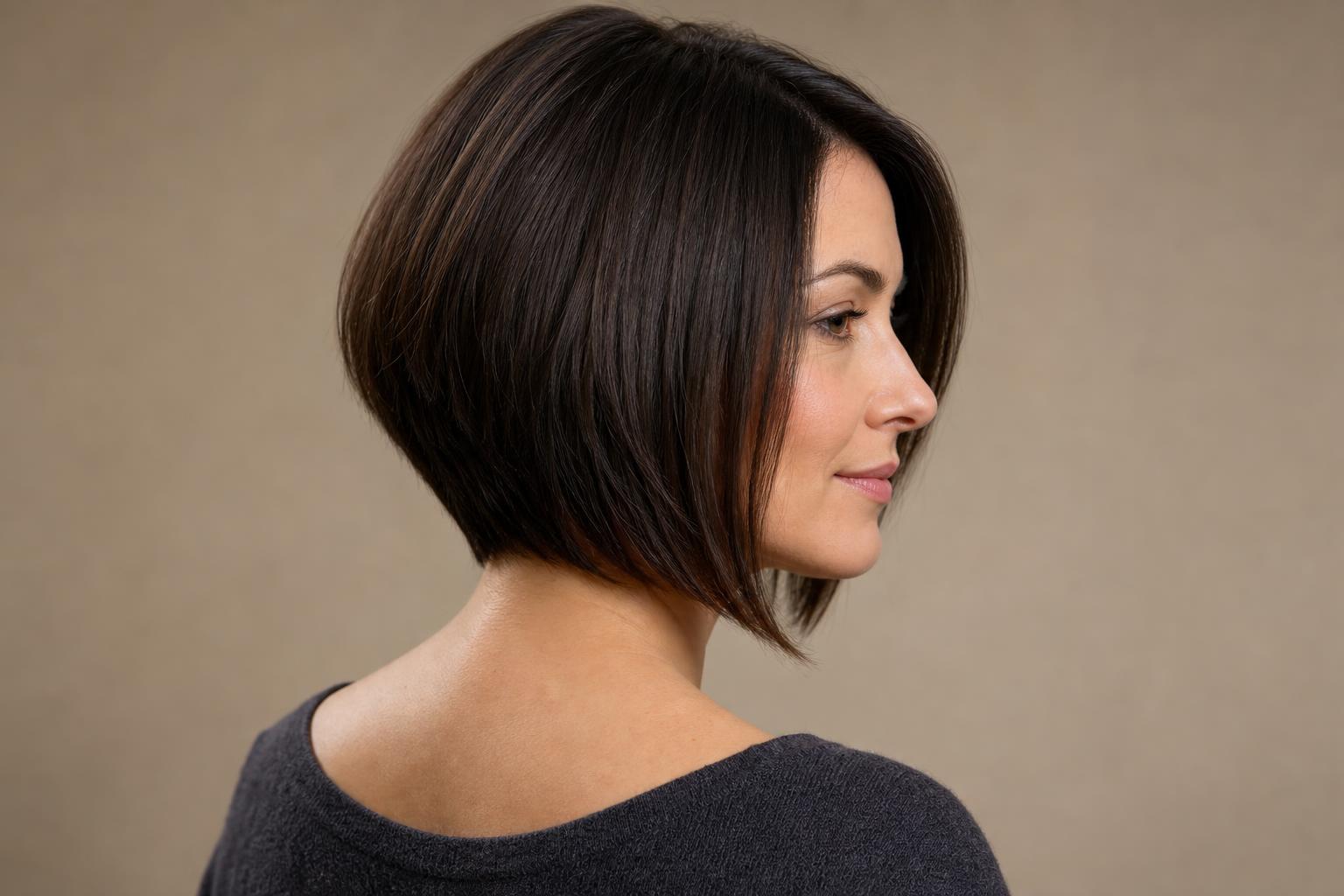 Graduated Bob with a Softly Sloped Nape on Medium Brunette Hair Angled Toward the Chin